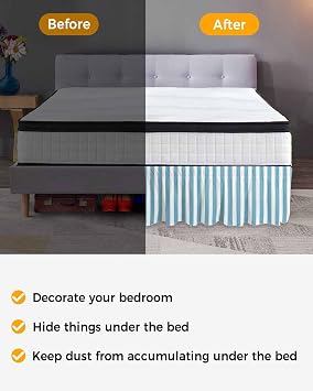 Aqua Striped Bed Skirt Queen Size 16 Inch Drop, Farmhouse Adjustable Elastic Bedskirt Dust Ruffle for Queen Bed, Blue White Stripes Wrap Around Bed Skirts Luxurious Pleated Bed Frame Cover