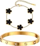 Ensemble de bracelets de tennis pour femmes - Bangle plaqué or fleur en acier inoxydable, Dainty 4mm Bracelets de tennis classiques Cubic Zirconia, 15-17cm Bijoux ensemble cadeau pour Mère Meilleurs Amis Soeur petite amie