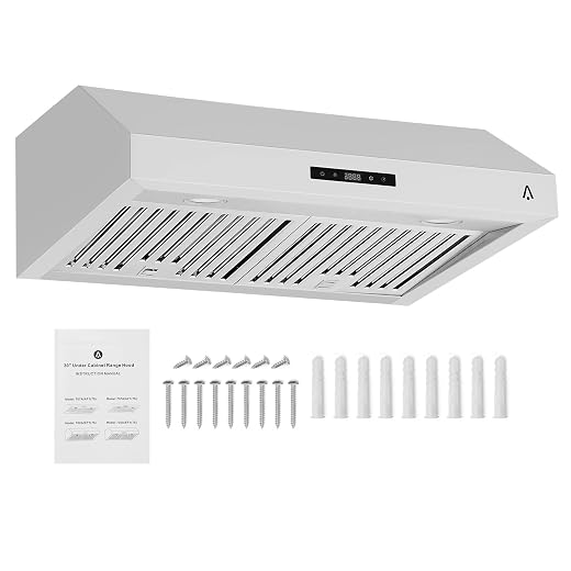 30 Inch Under Cabinet Range Hood, Stainless Steel Kitchen Vent Hood, Slim Cooker Hood with Push Button Control, LED Lights, 110V 200W, Stove Ventilation for Kitchen Cooking and Home Use