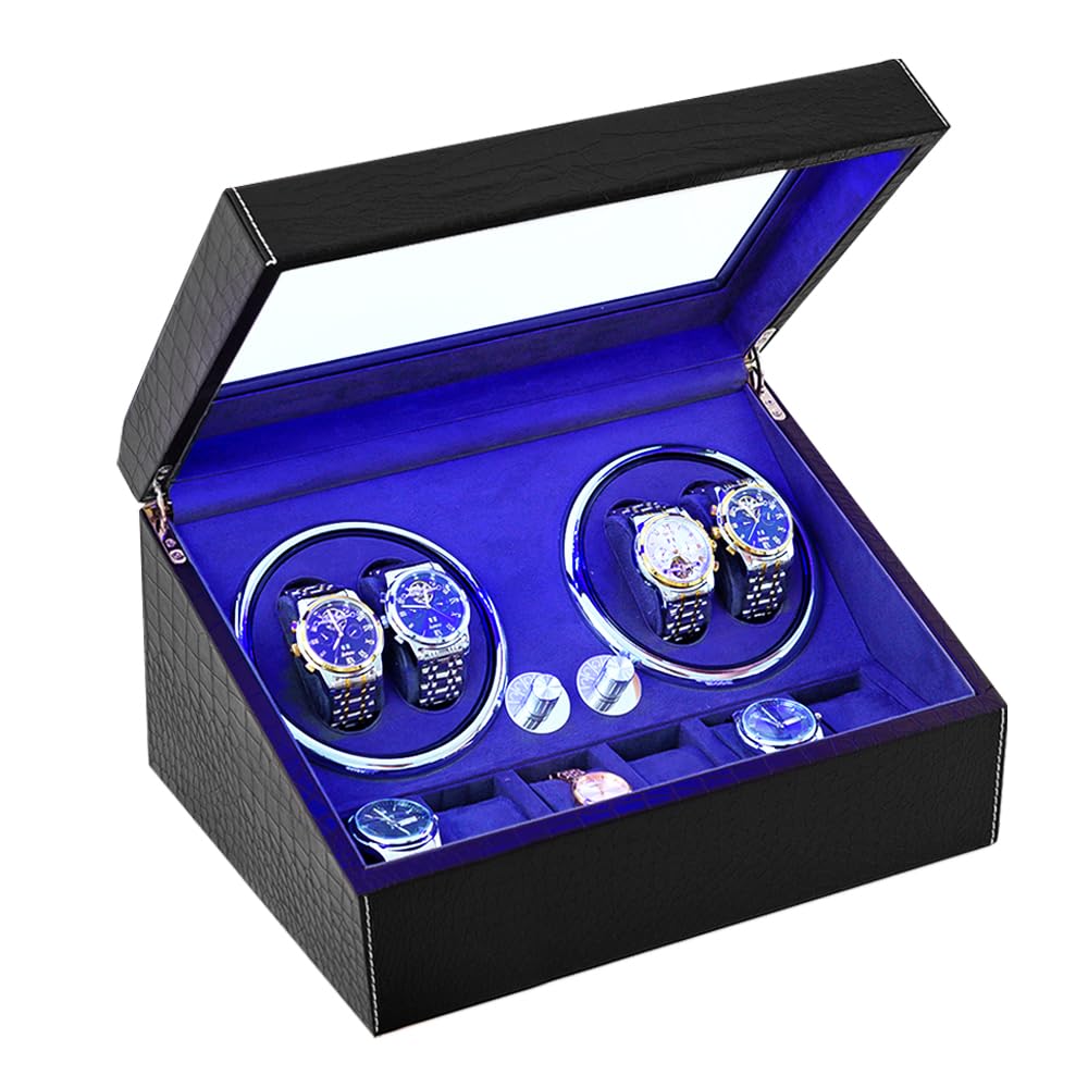 J&amp;T Technology Watch Winder for Automatic Watches,4 Watch Winder with Japanese Quiet Motor, 4 Rotation Modes, LED Backlight (Black Crocodile Skin)