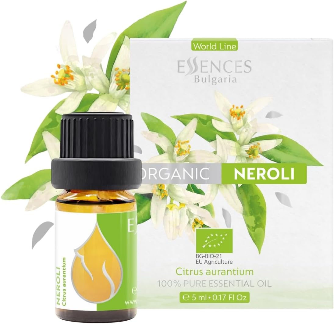 Essences Bulgaria Organic Neroli Essential Oil 0.17 Fl Oz 5ml Citrus aurantium - 100% Pure Natural Undiluted Therapeutic Grade for Aromatherapy Diffuser Humidifier Hair Growth Candle and Soap Making