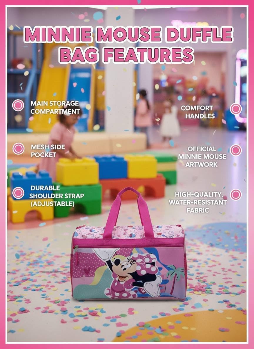 Disney Minnie Mouse Kids Duffle Bag 16.5" – Travel & Sports Bag with Zipper Pocket, Mesh Sides & Shoulder Strap