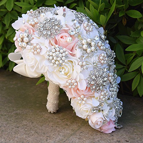 Abbie Home Luxury Silk Rose Cascading Bouquet For Bride-Waterfall Flower Bunch With Pearls Crystal Rhinestone Wedding Decoration #TOP1