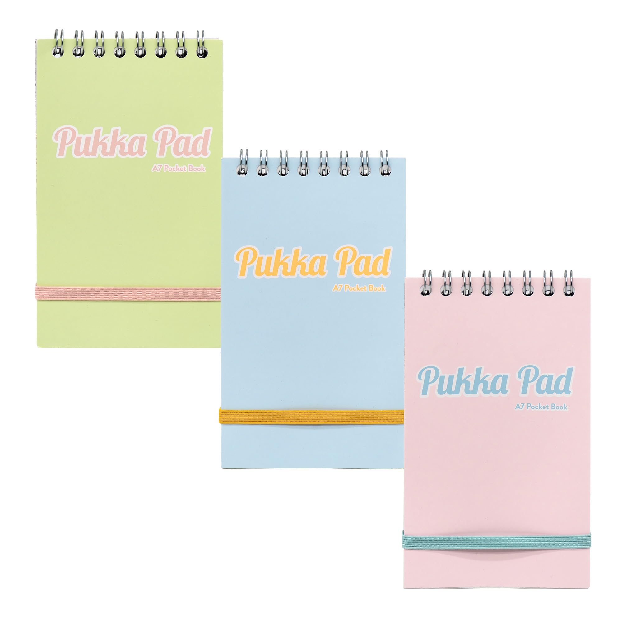 Pukka Pad Pastel A7 Pocket Book – Pack of 6 Twin Wire Head Bound Notebooks with 100 Pages, 50 Sheets of 8mm Feint Ruled 80GSM Paper, Perforated Margins, and Personal Detail Page – Pink, Blue, & Green