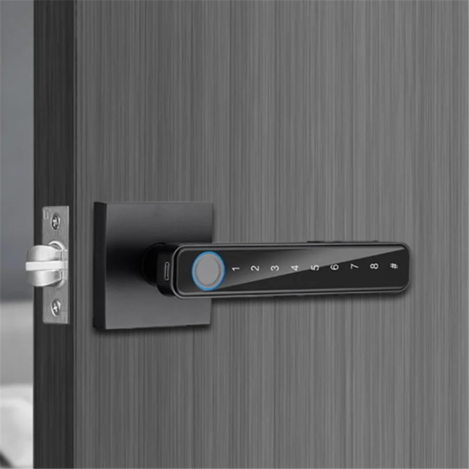 Cerradura inteligente para puerta Manija de puerta con huella dactilar, cuatro métodos de desbloqueo, for el hogar, dormitorio, oficina y trastero. Casas, oficinas y apartamentos(Silver)