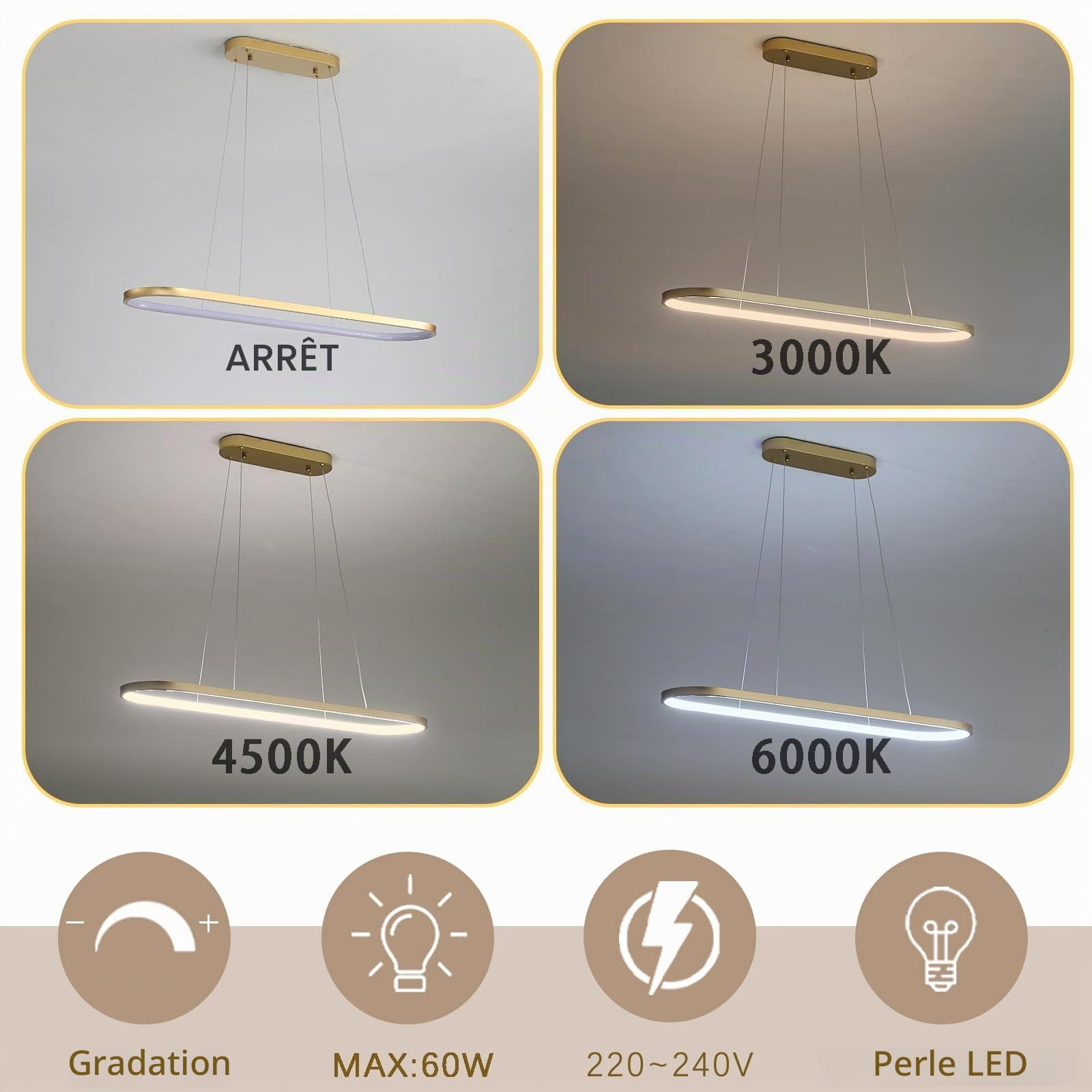 Lustre Ovale Luminaire LED À Intensité Variable, Lampe Annulaire, Lustres Moderne Avec Télécommande, Hauteur Réglable, Idéal Pour Salon Salle À Manger Cuisine Chambre Bureau Doré 70cm