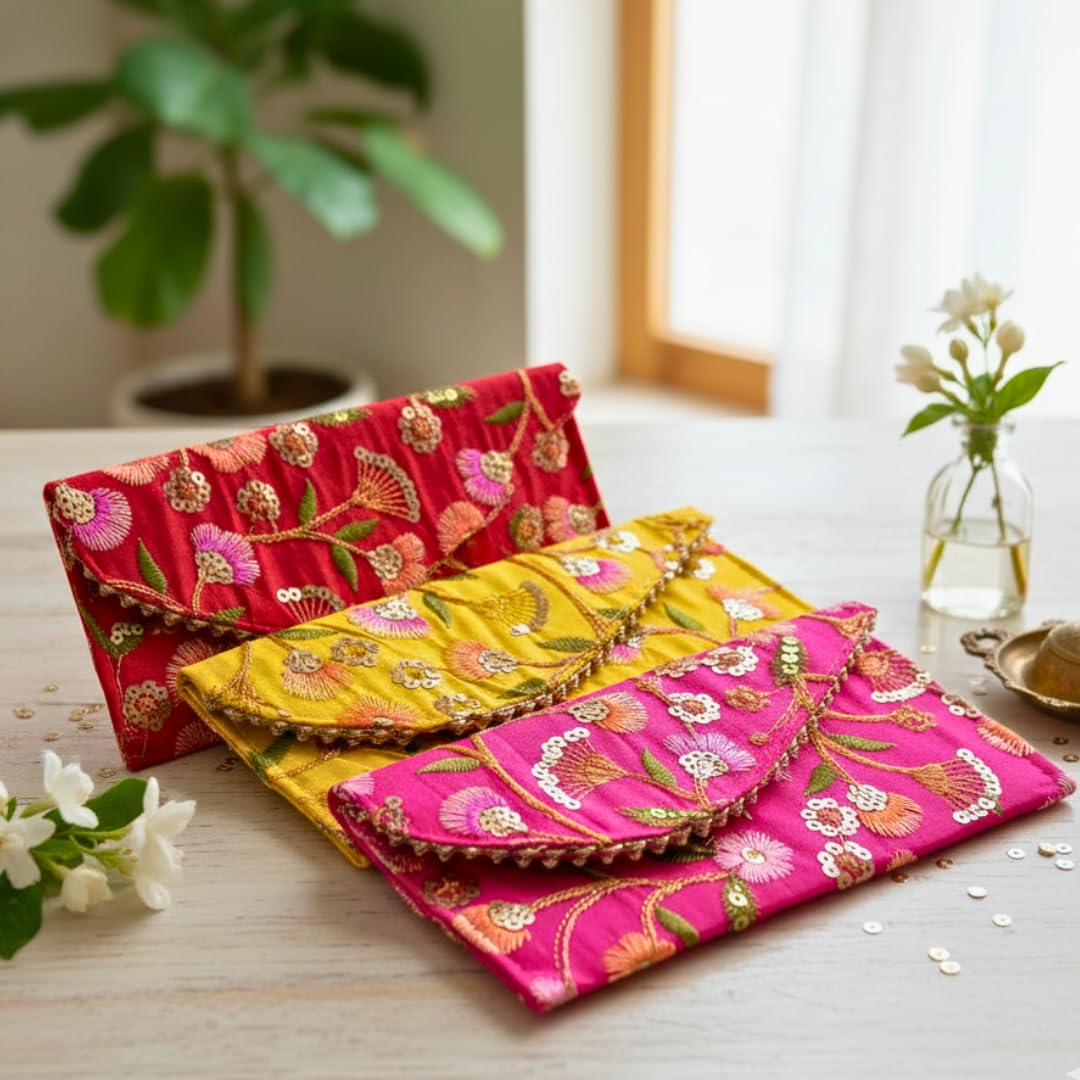 Luxury Embroidered Envelope for Weddings & Gifting (Pack of 3) | Shagun Envelope | Stylish Money Gift Pouch-image-42