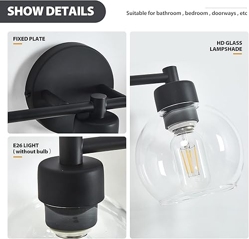 Miniatura 6 de Lámparas de baño, 2 luces negras y doradas, luces de baño sobre espejo con pantalla de vidrio y base de metal, luces de tocador para baño,