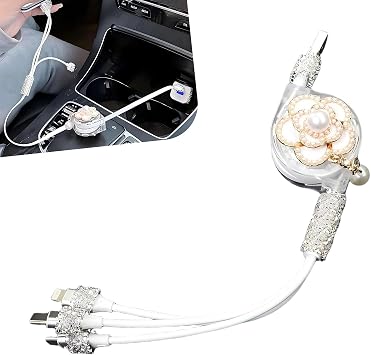 Car Multi-function Charging Cable, Retractable Fast Power Cable with Pearl Flower Decoration, Type-C/Lightning/Micro USB 3-in-1 Port Cord, Portable Cord for Most Devices White