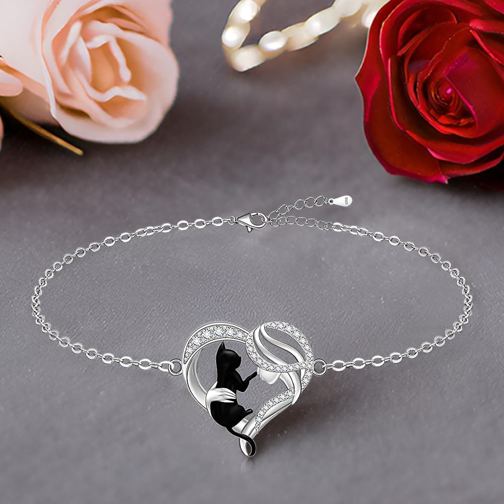 Fenthring Black Cat Anklet Heart Cat Ankle Bracelets for Women 925 Sterling Silver Cat Anklets for Cats Lover Gifts - Image 2
