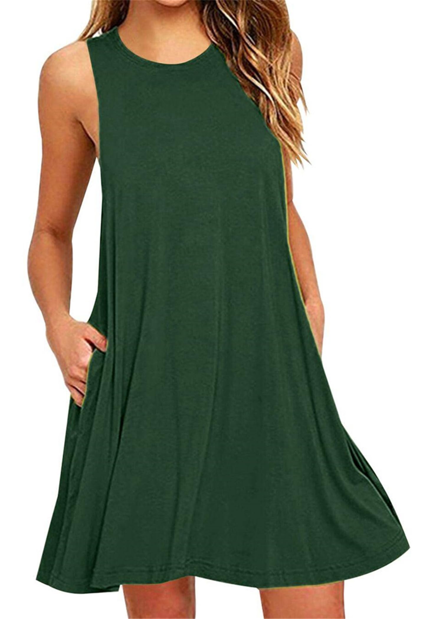 OMZIN Women's Summer Sleeveless Crewneck Tank Dress Casual Solid Color Flowy Swing Dress