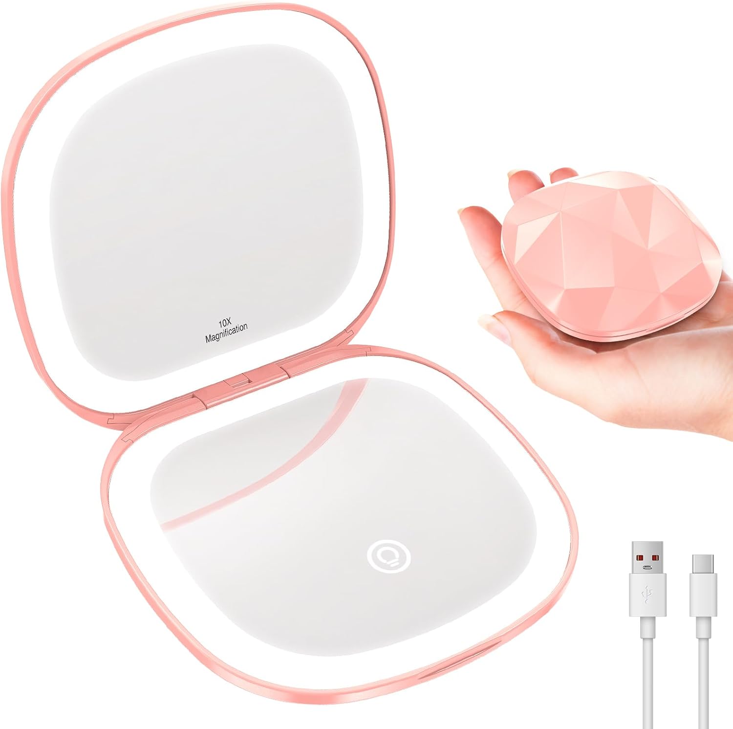 Travel Makeup Mirror with Light, 10X/1X Magnifying Compact Mirror for Purse, Portable Double Sided Folding Pocket Size, Dimmable LED & USB Rechargeable(Black)