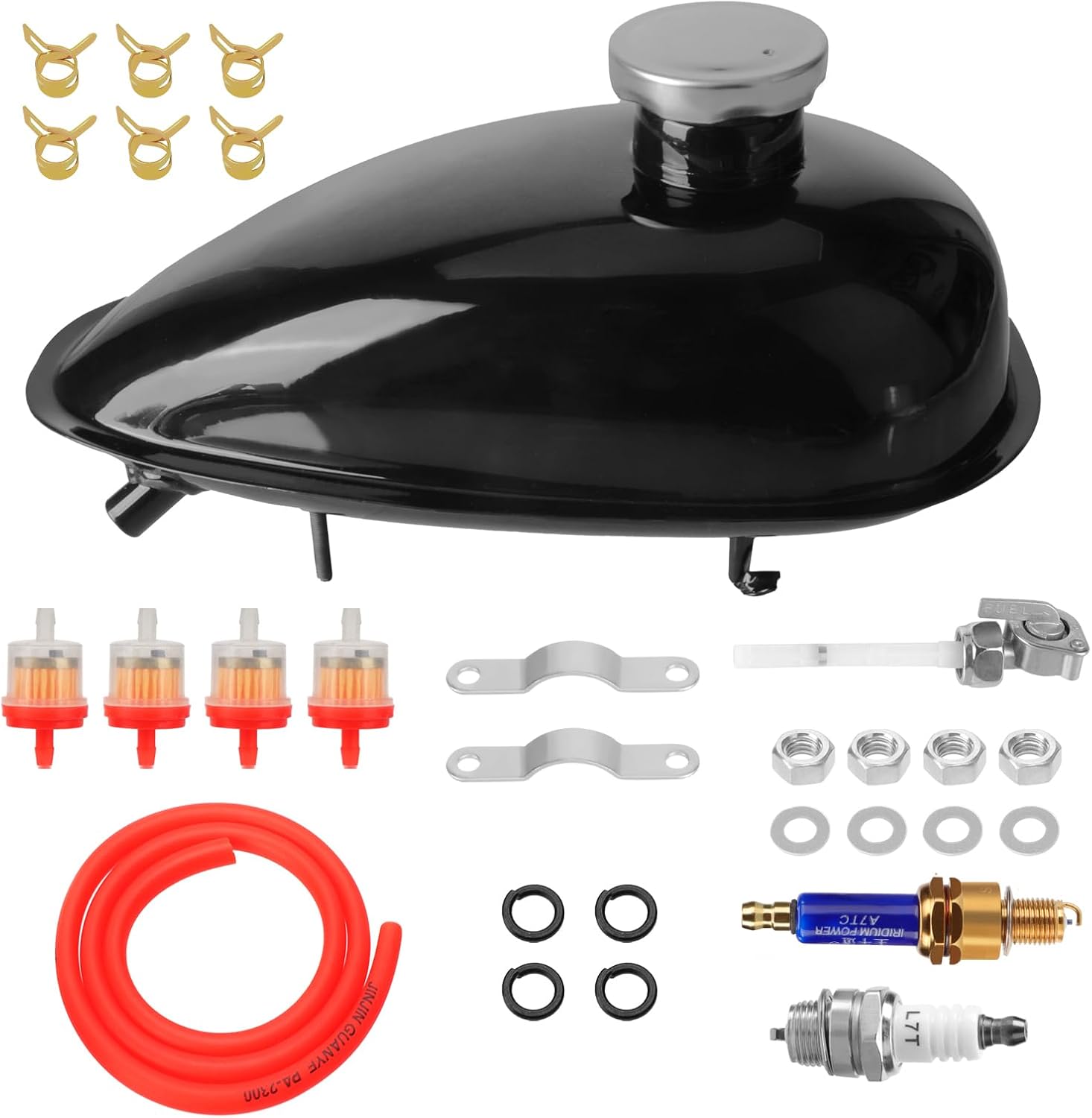 2L black metal fuel tank with lid, Petcock, filter and complete installation kit, compatible with 2-stroke 49-80cc bicycles and electric bicycles