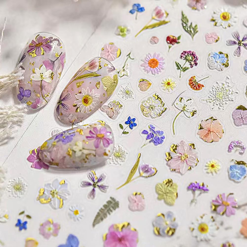 Pretty Diva Chic Floral Nail Stickers, 3D Metallic Gold Colorful Wild Flowers Nail Art Sticker Decals, Vintage Floral Nail Art Self-Adhesive DIY