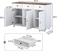 Vista 2 de Aparador de buffet, armario de almacenamiento de buffet de cocina de 47 pulgadas con 3 cajones y 3 puertas, buffets y aparadores modernos