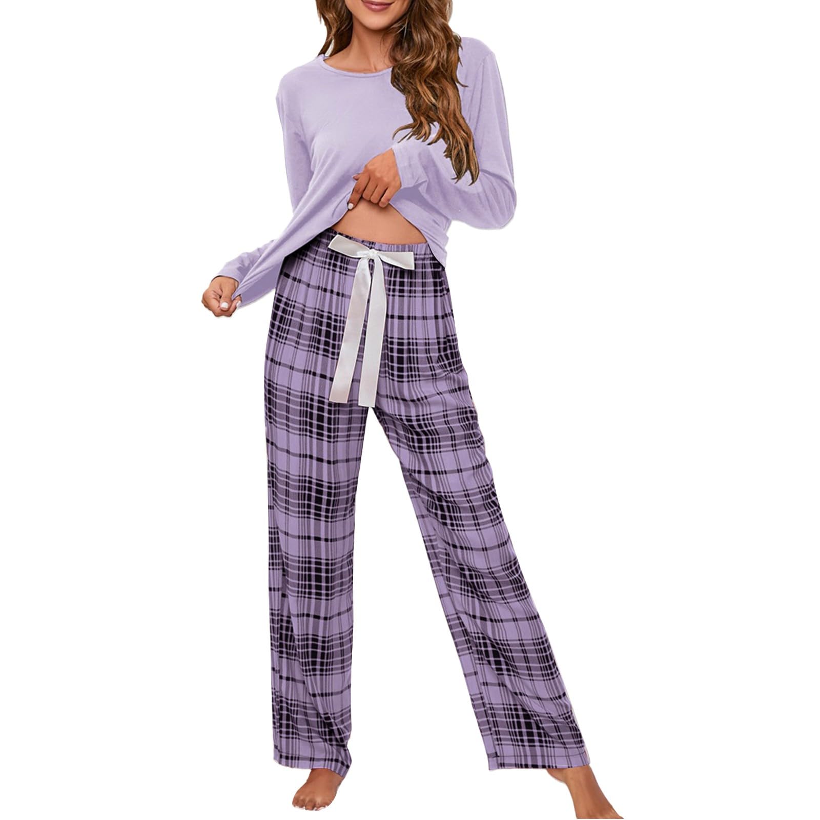 Generisch Pijama largo a cuadros para mujer, cuello redondo, otoño e invierno, pijama de tallas grandes, monocolor, traje holgado, ligero, ropa de salón, ropa de casa, traje de ocio ancho con arco
