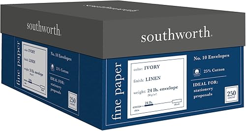 Southworth Sobres de negocios de lino de algodón reciclado, 55% certificado FSC, 10 (4 18 pulgadas x 9 12 pulgadas), 24 libras, marfil, caja de 250,