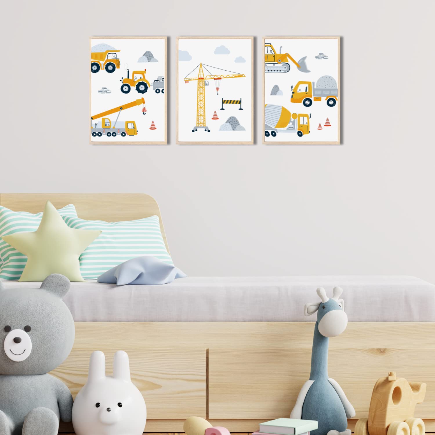 MeinBaby123 Obrazy pojazdów budowlanych, zestaw 3 sztuk, DIN A4, koparka, dźwig, maszyna budowlana, wywrotka, plakat do pokoju dziecięcego, dekoracja pokoju dziecięcego dla chłopca (koparka V1)
