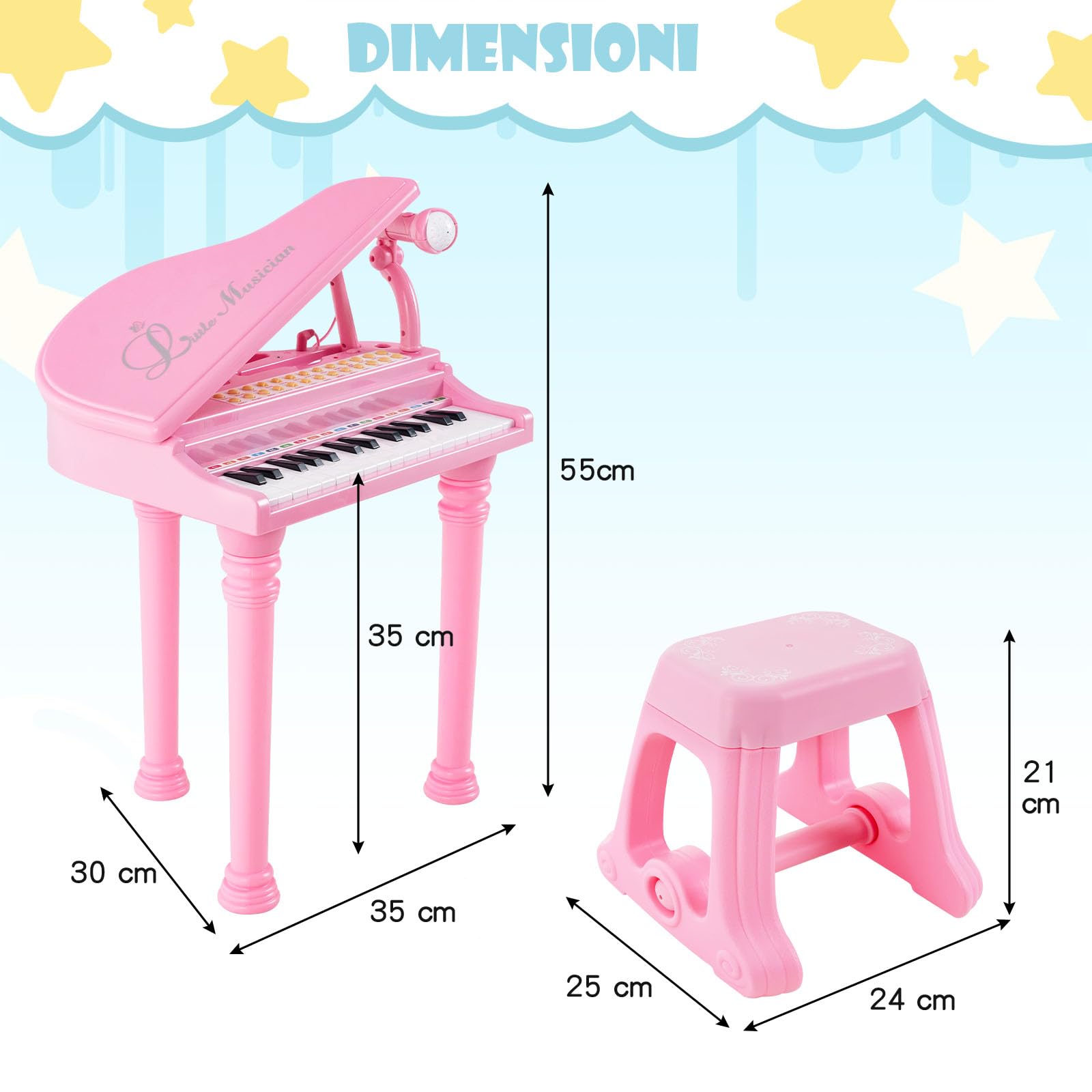 COSTWAY Tastiera Pianoforte a 31 Tasti per Bambini con Microfono e Sgabello, Tasti Giocattolo Portatile con Modalità di Insegnamento a LED, Pianoforte a Coda per Bambini 3+ Anni (Rosa)