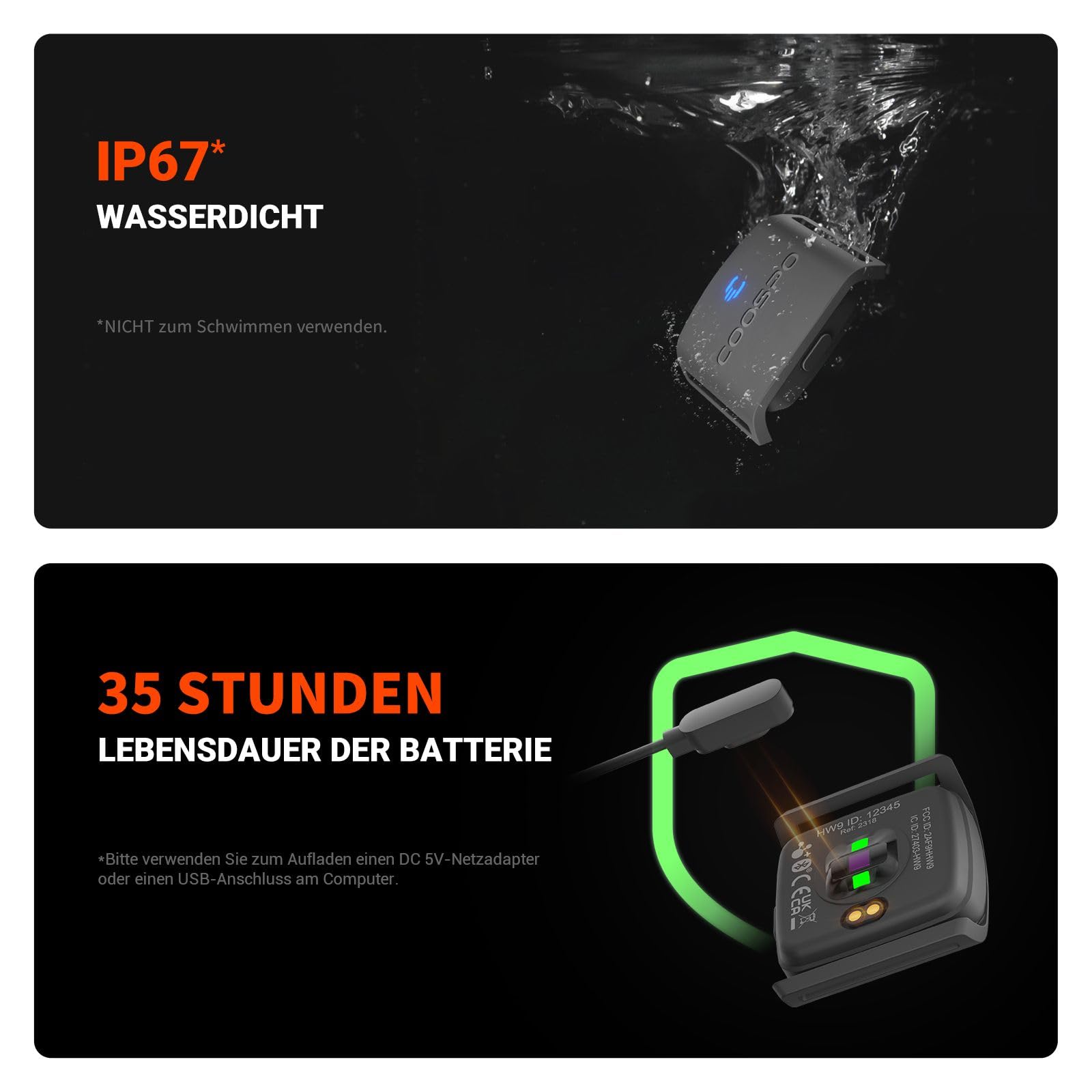 COOSPO HW9 Herzfrequenzmesser, Bluetooth ANT+ & Sensor LED & Smart HRM pulsuhren IP67 wasserdichte, pulsmesser Armband Kompatibel mit Polar Wahoo Garmin Zwift Elite HRV