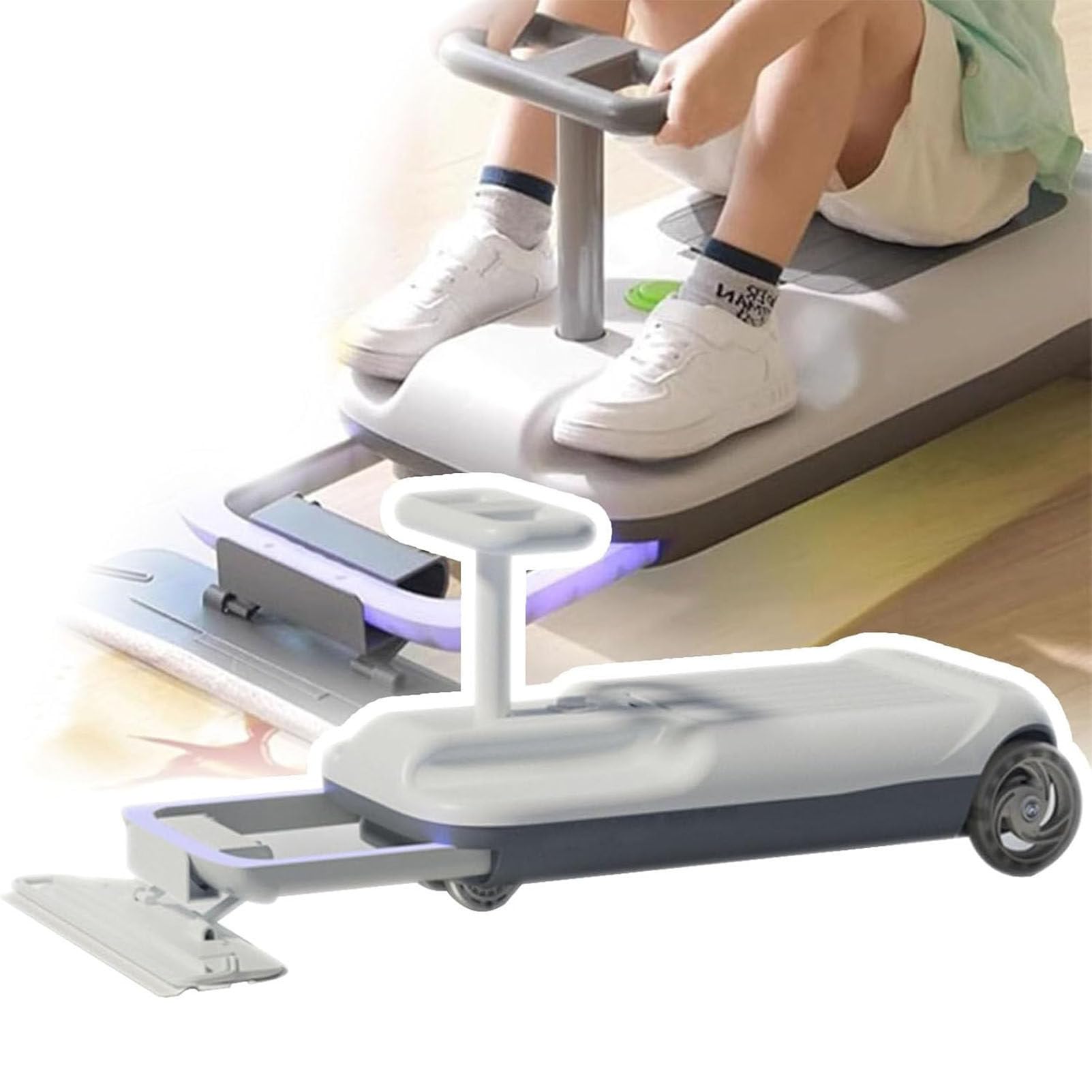 Cleaning Go Kart For Kids, Ride On Mop Floor Cleaner Go Carts, Portable Go Kart, 5-Variable Speed Retractable Cleaning Mopping Kart, Glowing Wheels & Storage.,SingleDrive-Grey