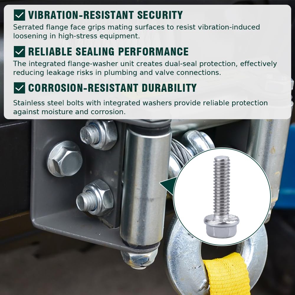 M5-0.8 x 12mm Hex Flange Bolt (0.47" Thread Length), DIN6921, Serrated Locking Flange, 304 Stainless Steel, UNC Full Thread, 50-Pack