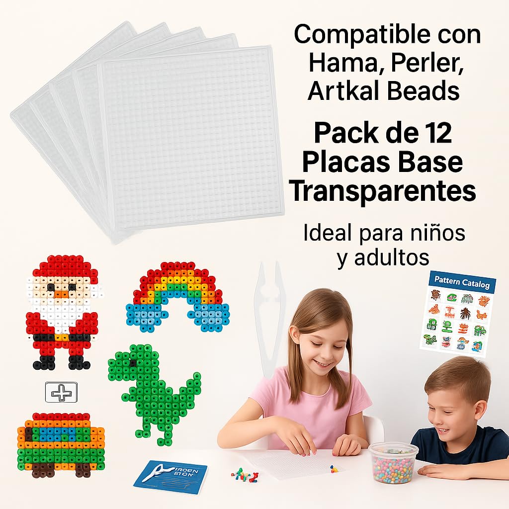 12 Placas cuadradas transparentes Juego de Cuentas Beads - 14.5 x 14.5 cm 2 Pinzas,Papel de Planchado, Libro Hama 90 patrones Transparente placa interconectable