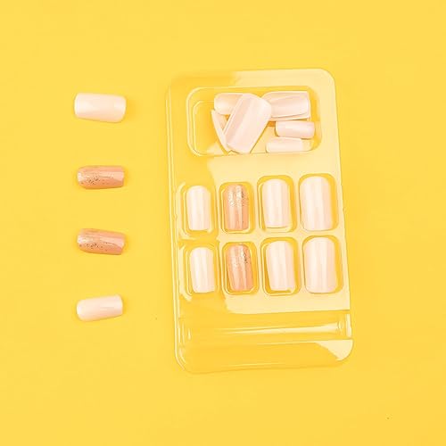 Miniatura 4 de 24 uñas postizas blancas medianas a presión, cuadradas, con diseño brillante, cobertura completa, albaricoque, uñas acrílicas artificiales, uñas