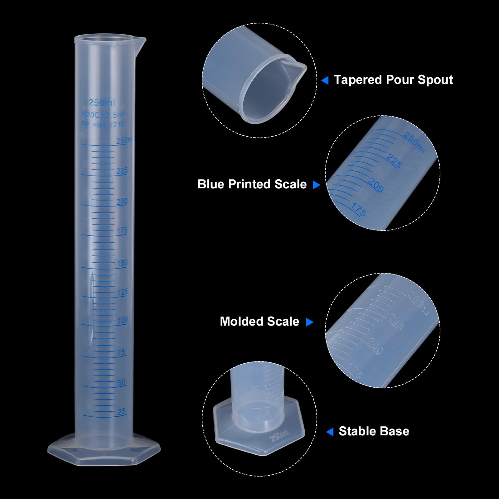QUARKZMAN Cilindro Graduato in Plastica, Cilindro di Misurazione 250 ml, Becher per Tubi di Prova, Marcatura Metrica 2 Lati, Base Esagonale Trasparente per Laboratorio Casa 10pz