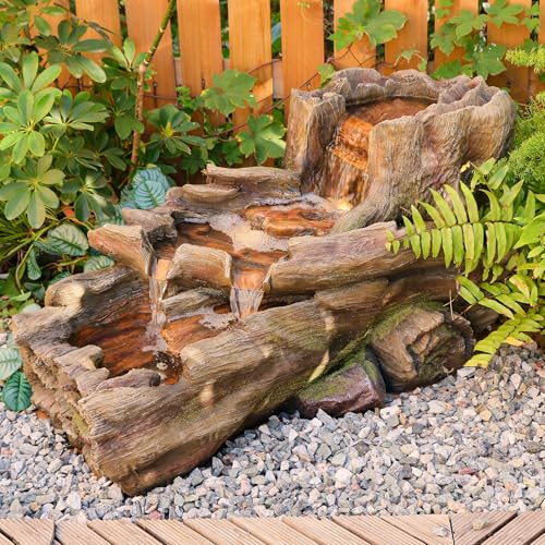 Image of Sunlinua 34.5 inch L Garden Outdoor Water Fountain, Floor Standing Wood Imitation Resin Natural Waterfall Fountains with LED Lights for Patio, Porch, Home Art Decor