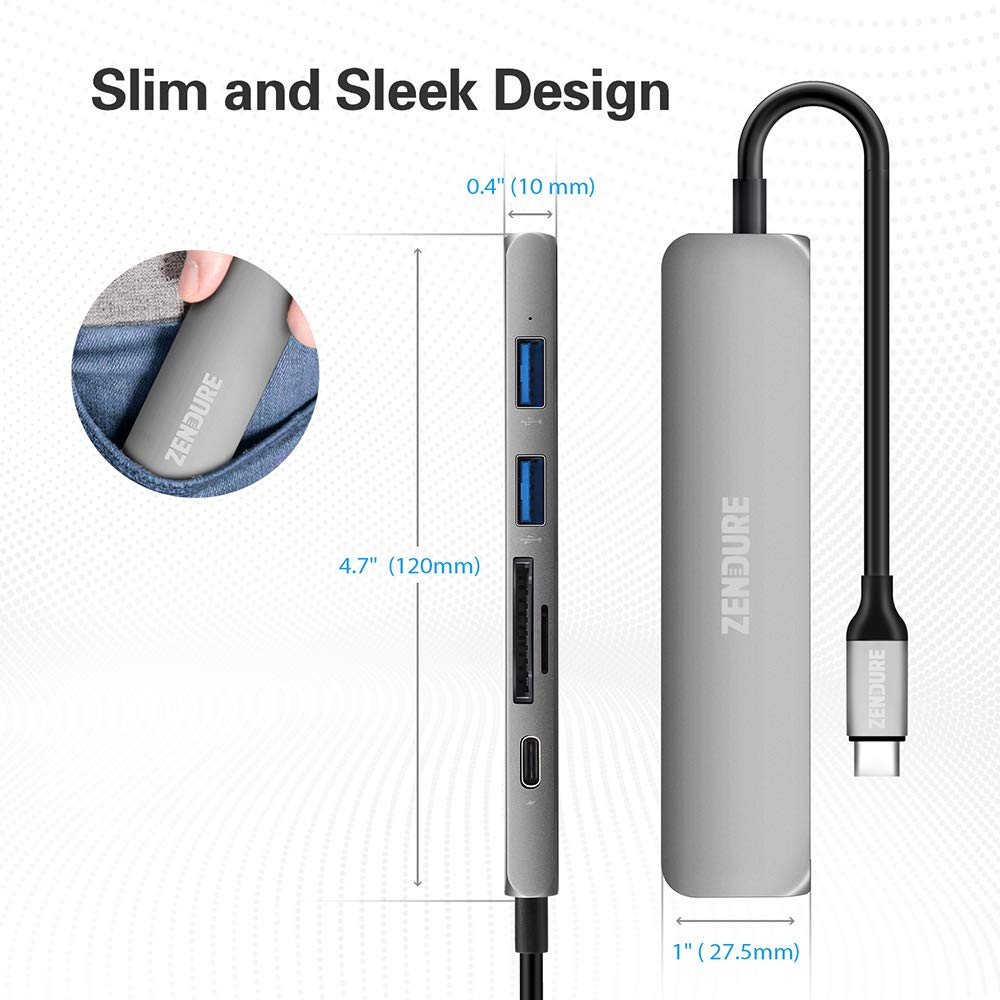 Zendure 6-in-1 Slim USB-C Charging Hub (Adaptador de aluminio con 4K USB-C a HDMI, Lector de tarjetas MicroSD/SD y 2 puertos USB 3.0, compatible con MacBook, iPad, Chromebook, XPS y muchos más), Plata