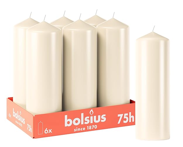 Bolsius Smooth Pillar Candles - Ivory - Pack of 6-20 x 7 cm - Decorative Household Candles - Burn Time 75 Hours - Unscented - Contains Natural Plant Wax - Without Palm Oil - Ivory - 20 x 7 cm