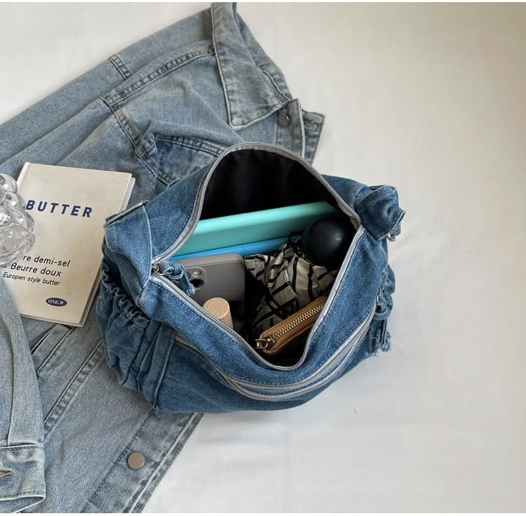 Leather Denim Purses for Women Jean Purse Denim Crossbody Shoulder Bag Tote Handbag Casual Hobo Bag - Image 5