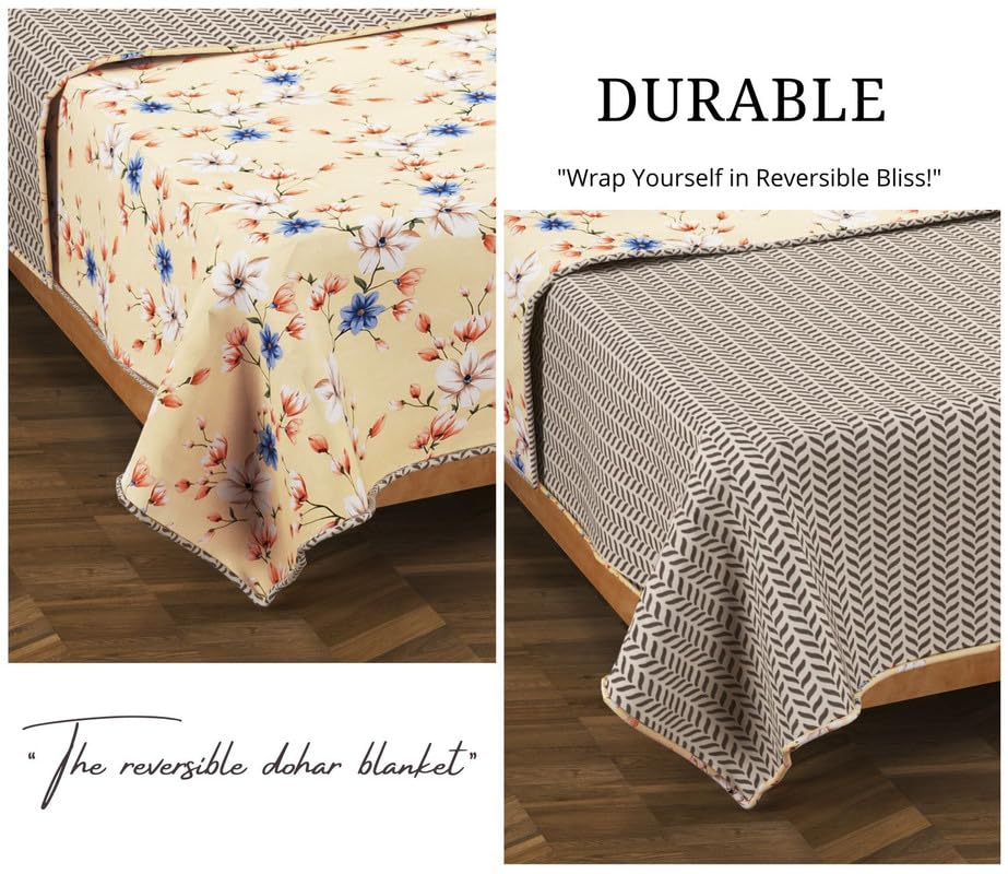 Image of VAS COLLECTIONS Pure Cotton 120 GSM Reversible Soft Lightweight Printed Single Bed Blanket /AC Dohar /Skin Friendly Dohar-152 x 225 cm - Yellow & Blue