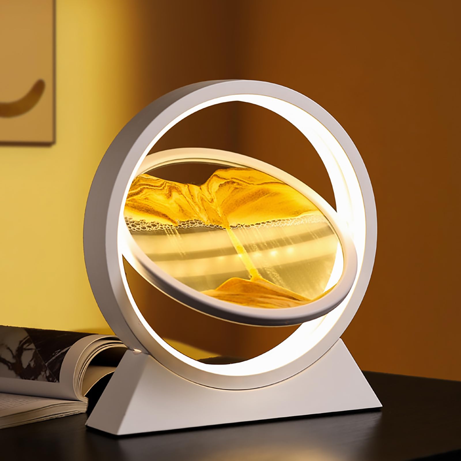 MIAOLLUN Moving Sand Art Desk Lamp, 360° Rotating 3D Hourglass Deep Sea Sandscape Flowing Sand Lights, for Kids Adults Home Office Work Desktop Decoration Toy Creative Gift﻿,Gold