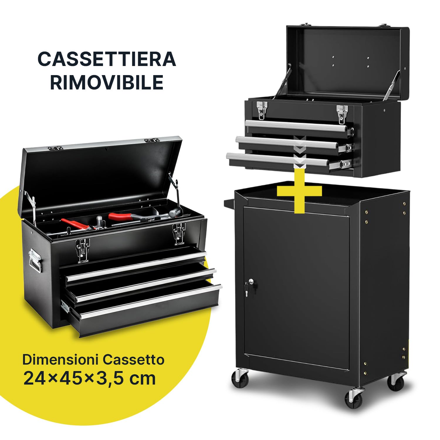 Carrello Officina Porta Attrezzi in Metallo - Banco da Lavoro Mobile con 3 Cassetti Scorrevoli e Armadietto con Serratura - 4 Ruote Girevoli e Maniglia Ergonomica - Organizer per Garage