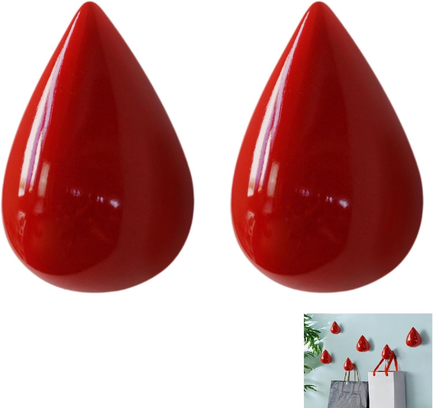 MOPAHCVT Clothing Racks Coat Hooks, 2-Piece Set of Teardrop-Shaped Wall-Mounted Hangers(Red 80mm)