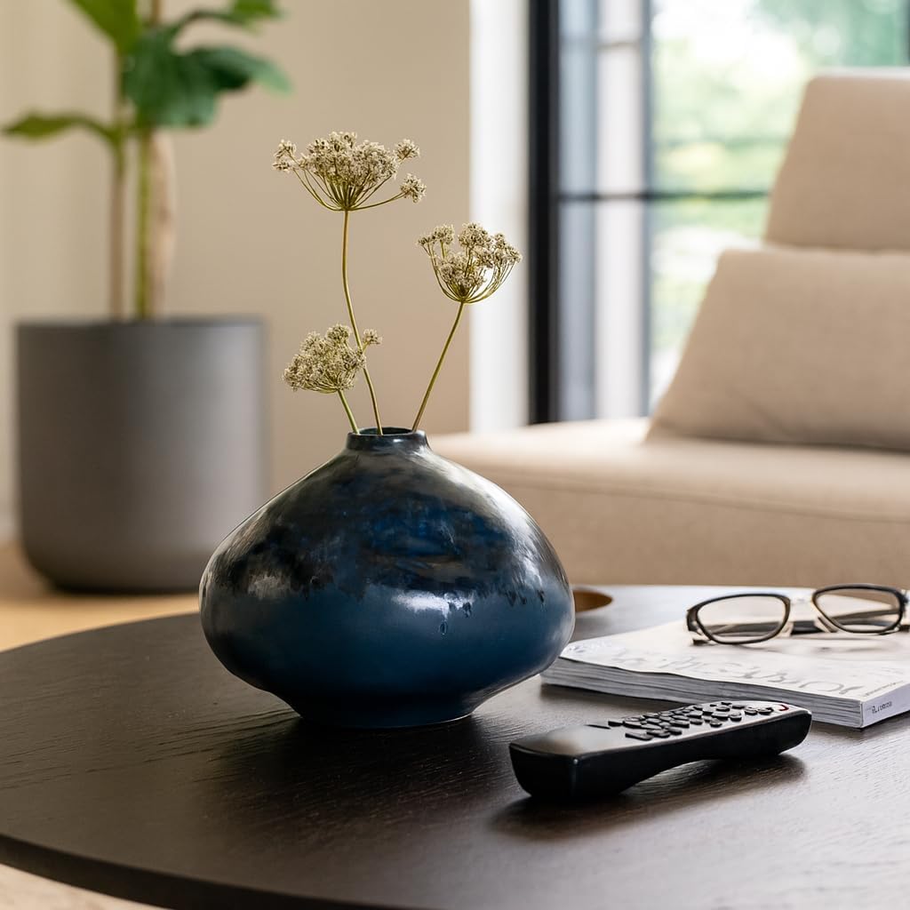 Decorative Gloss and Matte Pottery Vase for Living Room Decor - Decorative Home Accent for Bedroom, Office, and Shelf Display - Modern Flower Vase for House Entryway and Kitchen Table - 9", Blue