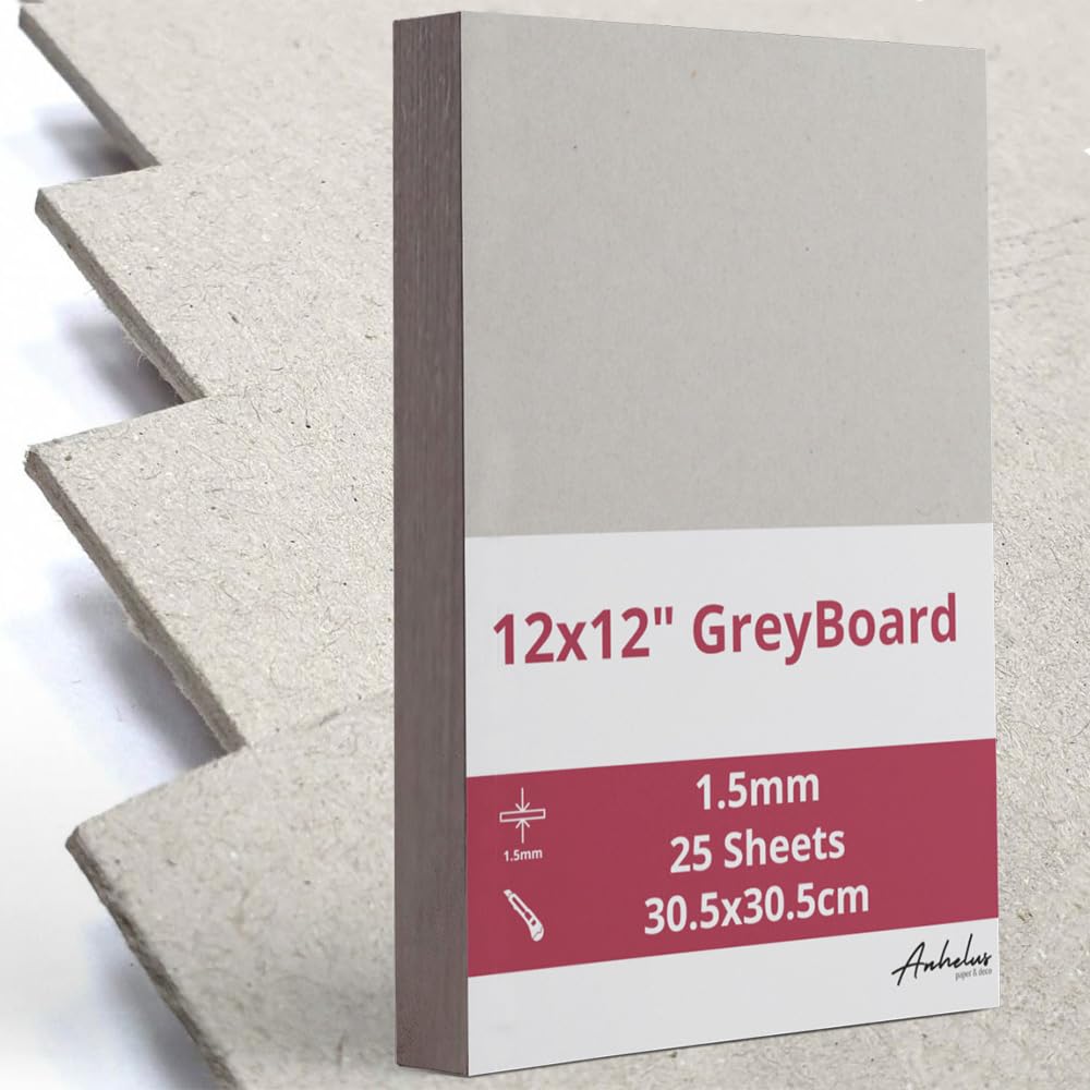 25 Sheets 12x12 Size Grey Cardboard 1.5mm Thick (925gsm/m2), 30.5x30.5cm Size, Pack with 25 Sheets, for Binding, Book Covers, Crafts and Scrapbooking