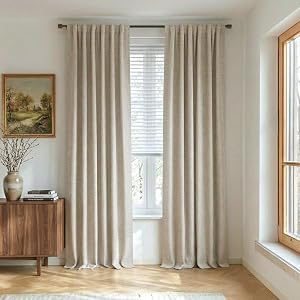NICETOWN Natural 100% Blackout Linen Curtains 84 Inches Long, Thermal Insulated Farmhouse Thick Completely Blackout Window Treatment 2 Panels for Living Room, 52" Wide Each Panel