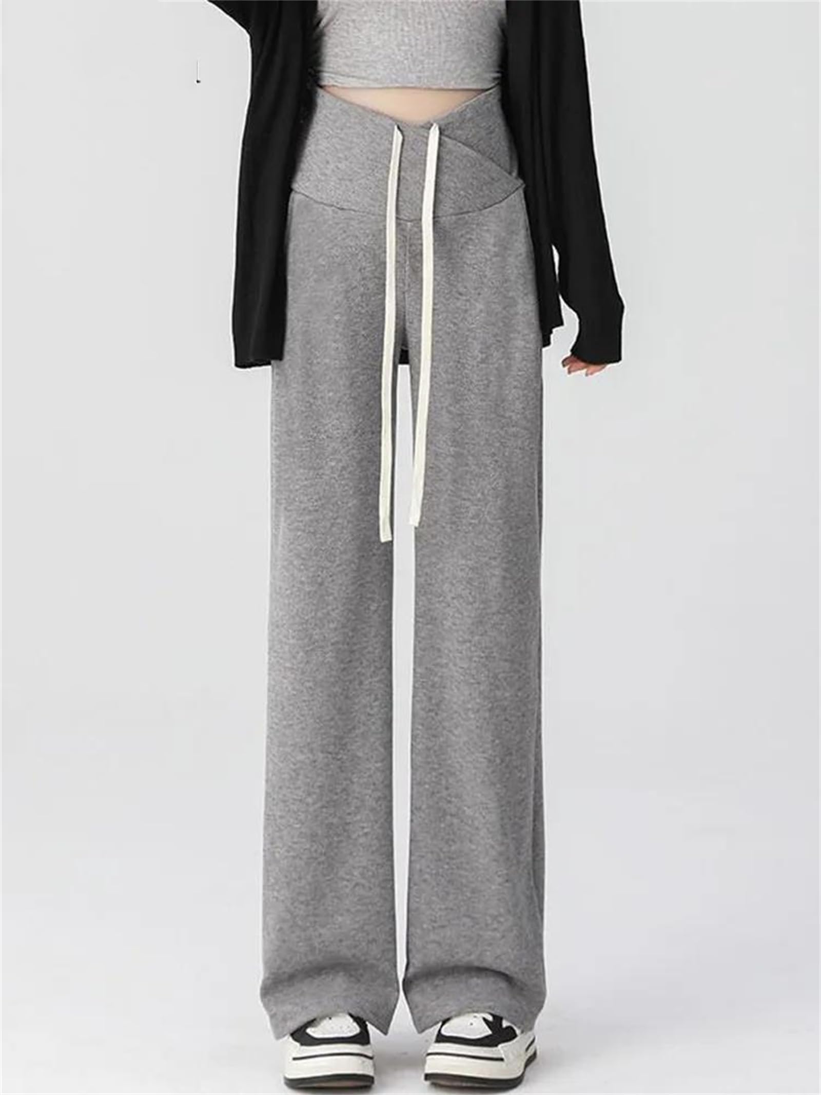 Pantaloni da donna a vita alta, gamba larga, casual, con lacci, premaman