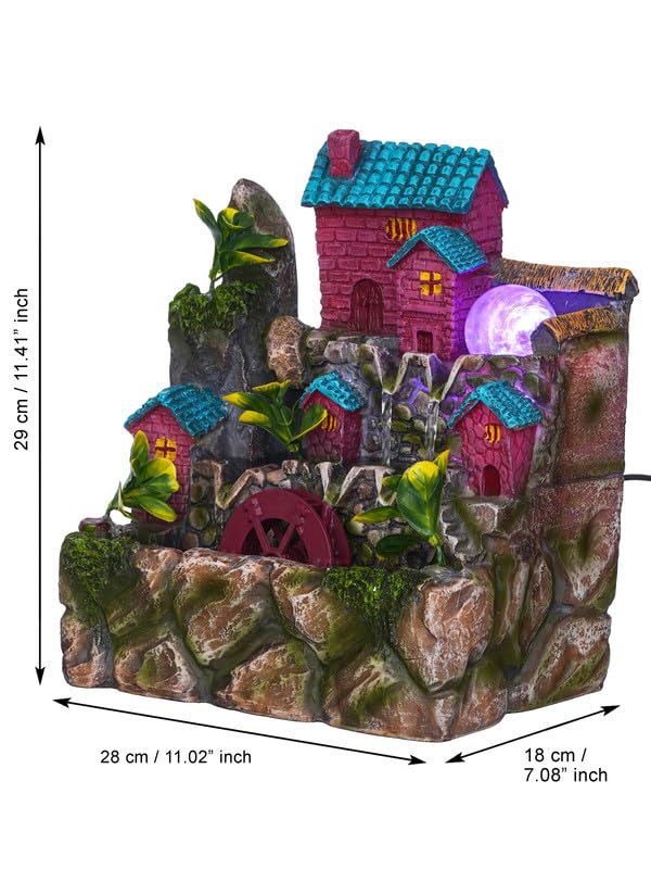 Image of Polyresin Tabletop 2 Steps Hut Style Indoor Water Fountain for Home Decor with LED, Speed Controller Pump & Crystal Ball (Size: 28 x 18 x 29 CM |Colour: Multi | Weight: 1970 Gram)