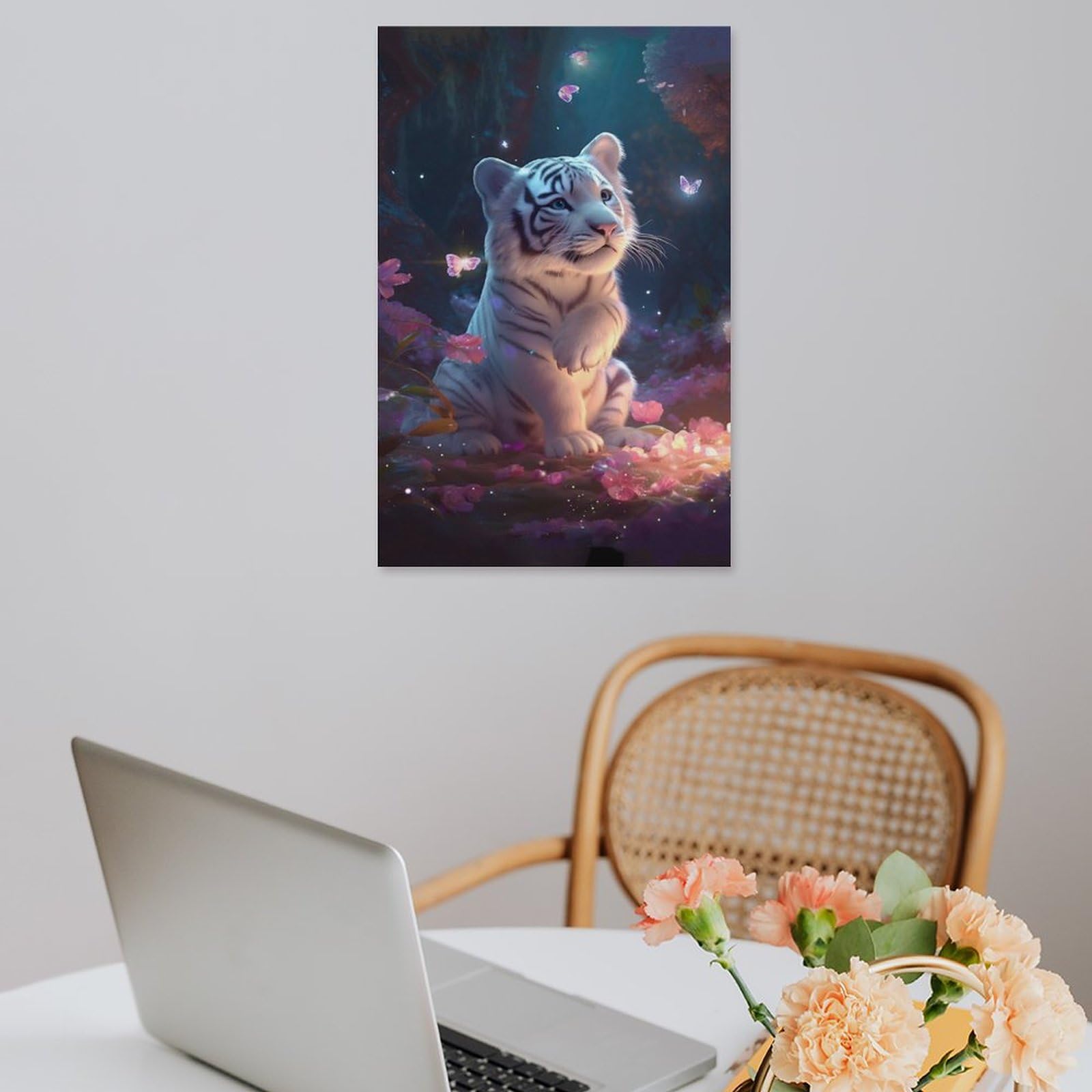 Amazon｜絵画 花の中のホワイトタイガーと蝶インテリア 絵画 可愛くて