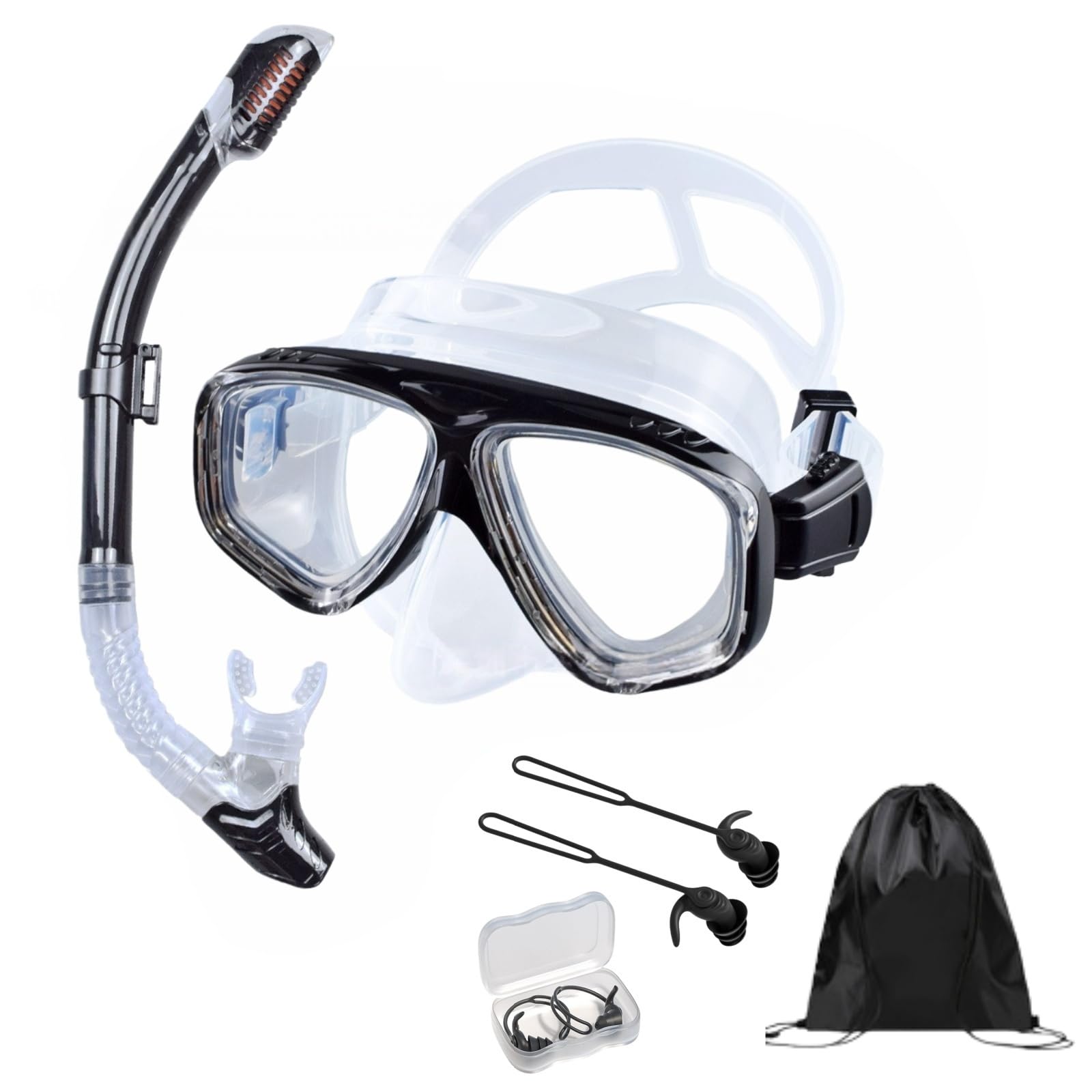 Kit de snorkeling optique avec force visuelle, dioptrie : de 0 à -9, kit de plongée pour adulte avec bouchons d'oreilles et sac de rangement, tuba sec, lentille en verre trempé