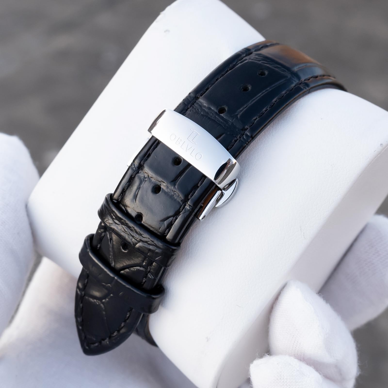 OBLVLO Elegante orologio da uomo automatico quadrato, cassa ultrasottile in acciaio inox da 8,5 mm, cinturino in pelle nera, display della data, Miyota 9015, FM-AT