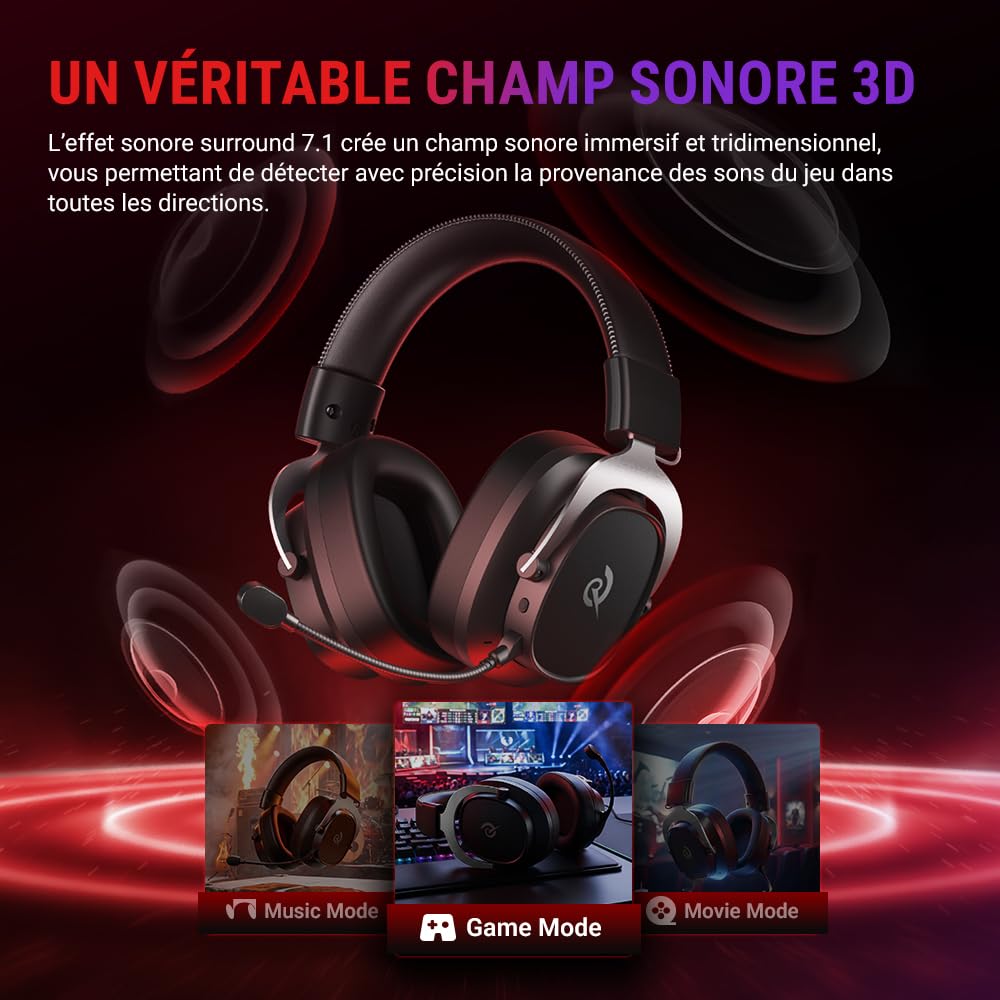 QCY Heroad VT200 Casque Gaming sans Fil,Casque sans Fil Gamer 2,4 GHz avec Microphone,Son Surround 7.1,Bluetooth 6.0,Ultra Léger,Autonomie 130h,Faible Latence,Compatible avec PS5/PS4/Switch