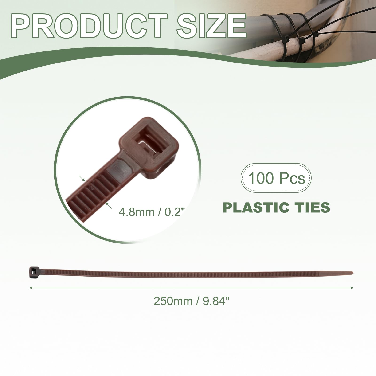 YELARXI Zip Ties Plastic Cable Ties, Self-Locking Wire Zip Tie 10 Inch Fit for Home Garden Office Workshop Travel - (100 Pack, Brown) - Image 2