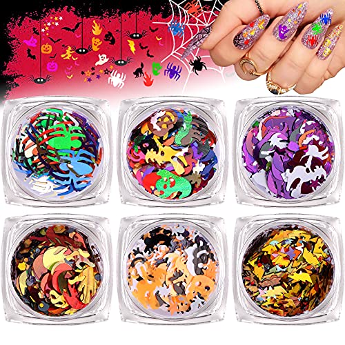 Torokom Halloween-Nagelglitzer, holografischer Laser, 3D-Kürbis-Schädel, Geister, Nagelglitzer, Pailletten, Nagelkunst-Flocken, funkelnde Maniküre-Konfetti für Halloween, Nagelkunst, Partyzubehör Cover