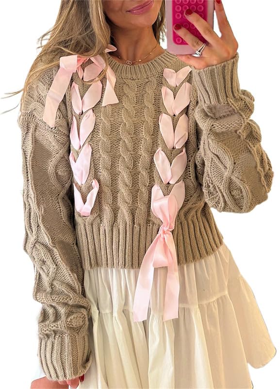 Women's Y2K Satin Ribbon Sweater Bow Lace Up Long Sleeve Knit