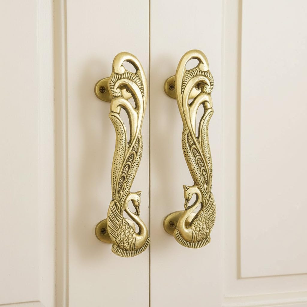 LoveNspire Decorative Antique Peacock Design Door Pull Handles 7 Inch Pair of 2 Brass Cabinet Handle Knobs for Door, Drawer, Shelf, Wardrobe, Almirah Housewarming Gift
